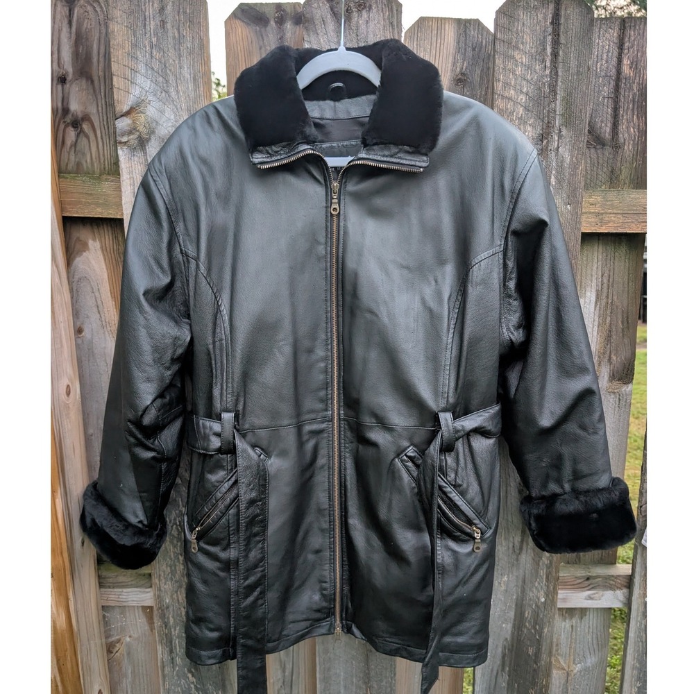 Womens Wilsons Black Leather Parka M Excellent Faux Fur Trim Thinsulate Belted
